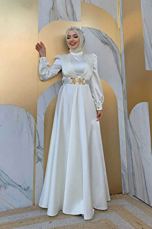 Göğüs Kısmı Kat Şerit Detay Bel Kemer Aksesuarlı Abiye Elbise 3792 Ekru