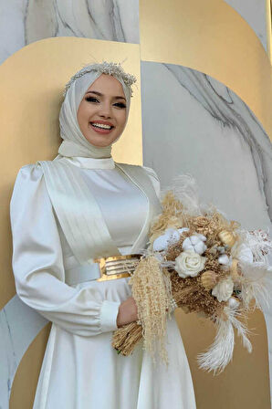 Göğüs Kısmı Kat Şerit Detay Bel Kemer Aksesuarlı Abiye Elbise 3792 Ekru