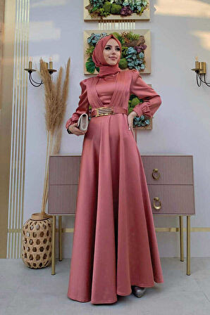 Göğüs Kısmı Kat Şerit Detay Bel Kemer Aksesuarlı Abiye Elbise 3792 Gül Kurusu
