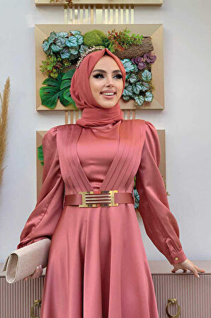 Göğüs Kısmı Kat Şerit Detay Bel Kemer Aksesuarlı Abiye Elbise 3792 Gül Kurusu