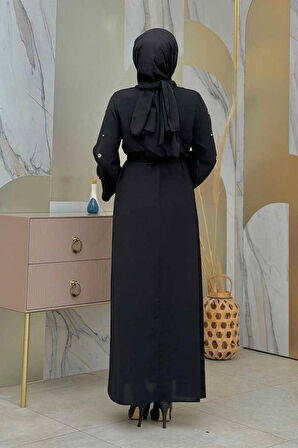 Taş Detaylı Bel Kuşaklı Elbise 3797 Siyah