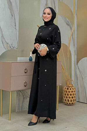 Taş Detaylı Bel Kuşaklı Elbise 3797 Siyah