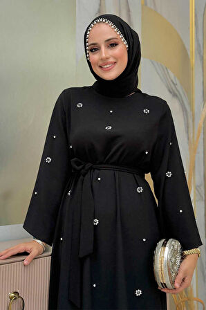 Taş Detaylı Bel Kuşaklı Elbise 3797 Siyah