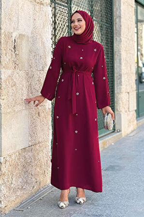Taş Detaylı Bel Kuşaklı Elbise 3797 Bordo
