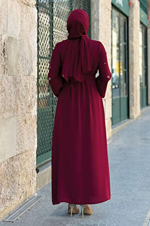 Taş Detaylı Bel Kuşaklı Elbise 3797 Bordo