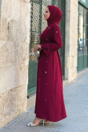 Taş Detaylı Bel Kuşaklı Elbise 3797 Bordo