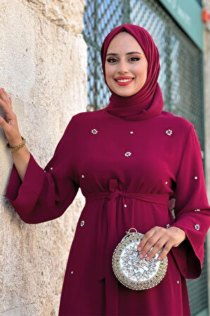 Taş Detaylı Bel Kuşaklı Elbise 3797 Bordo