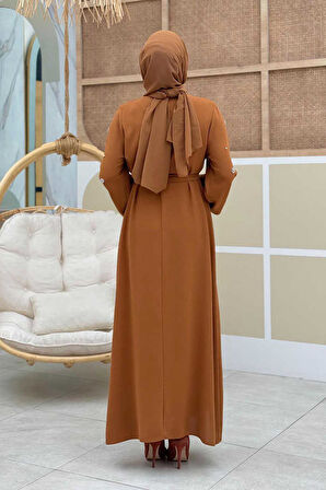 Taş Detaylı Bel Kuşaklı Elbise 3797 Taba