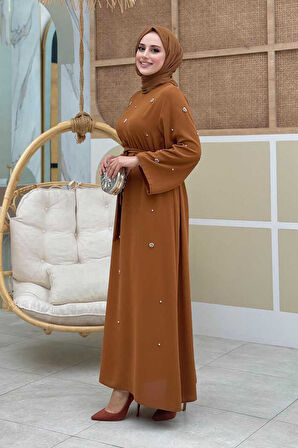 Taş Detaylı Bel Kuşaklı Elbise 3797 Taba