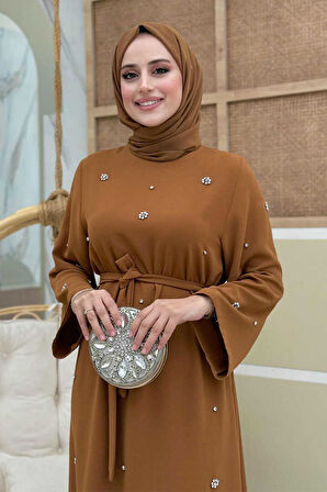 Taş Detaylı Bel Kuşaklı Elbise 3797 Taba