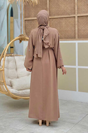 Taş Detaylı Bel Kuşaklı Elbise 3797 Vizon