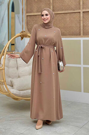 Taş Detaylı Bel Kuşaklı Elbise 3797 Vizon