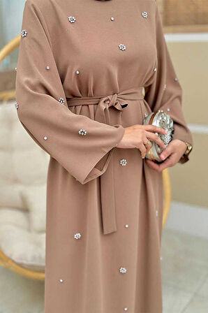 Taş Detaylı Bel Kuşaklı Elbise 3797 Vizon