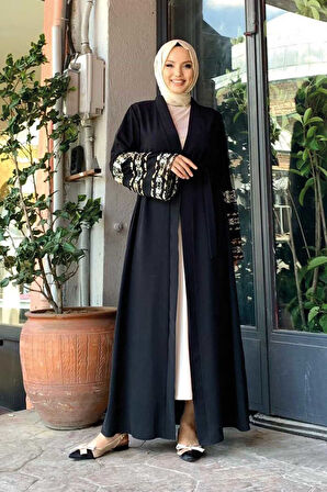 Kol İşlemeli Bel Kuşaklı Abaya 7814 Siyah