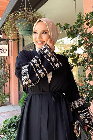 Kol İşlemeli Bel Kuşaklı Abaya 7814 Siyah