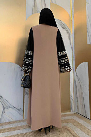 Kol İşlemeli Bel Kuşaklı Abaya 7814 Vizon
