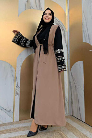 Kol İşlemeli Bel Kuşaklı Abaya 7814 Vizon