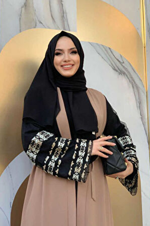 Kol İşlemeli Bel Kuşaklı Abaya 7814 Vizon