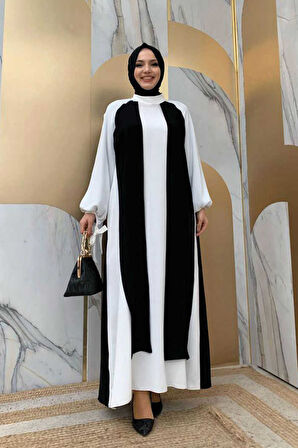 İki Renkli Parça Detay Balonkol Görünümlü Elbise 3799 Siyah