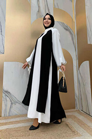 İki Renkli Parça Detay Balonkol Görünümlü Elbise 3799 Siyah