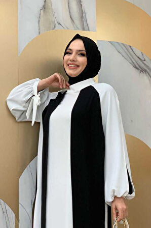 İki Renkli Parça Detay Balonkol Görünümlü Elbise 3799 Siyah