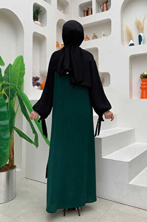 İki Renkli Parça Detay Balonkol Görünümlü Elbise 3799 Zümrüt