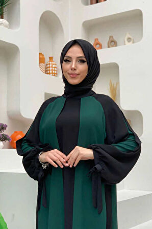 İki Renkli Parça Detay Balonkol Görünümlü Elbise 3799 Zümrüt