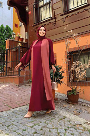 İki Renkli Parça Detay Balonkol Görünümlü Elbise 3799 Gül Kurusu