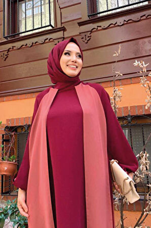 İki Renkli Parça Detay Balonkol Görünümlü Elbise 3799 Gül Kurusu