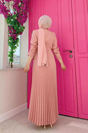 Ceket Görünümlü Eteği Piliseli Elbise 3700 Pudra