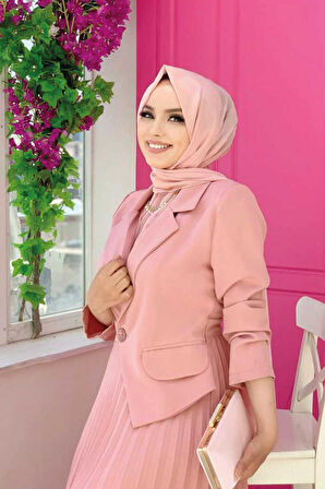 Ceket Görünümlü Eteği Piliseli Elbise 3700 Pudra