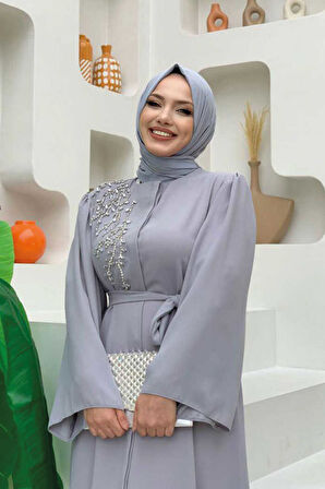 Omuz Taş İşlemeli Bel Bağlamalı Ferace 7805 Gri