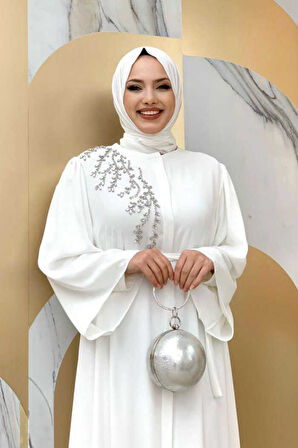 Omuz Taş İşlemeli Bel Bağlamalı Ferace 7805 Ekru