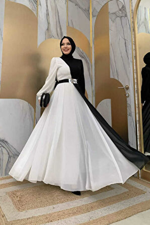 İki Renkli Şifon Bel Kemer Aksesuarlı Abiye Elbise 3806 Siyah