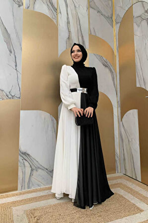 İki Renkli Şifon Bel Kemer Aksesuarlı Abiye Elbise 3806 Siyah