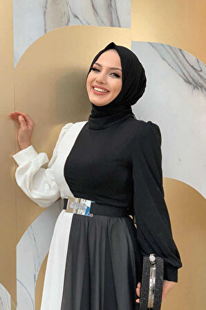 İki Renkli Şifon Bel Kemer Aksesuarlı Abiye Elbise 3806 Siyah