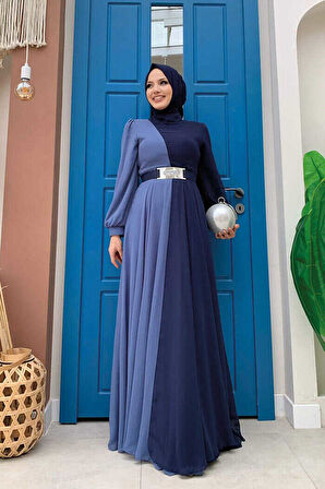 İki Renkli Şifon Bel Kemer Aksesuarlı Abiye Elbise 3806 Lacivert