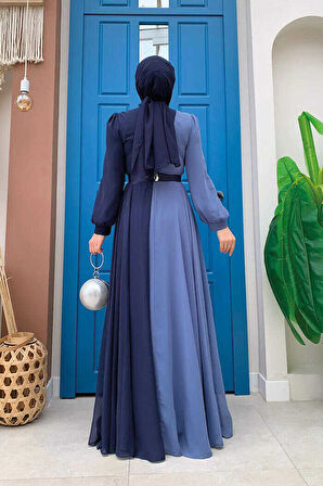 İki Renkli Şifon Bel Kemer Aksesuarlı Abiye Elbise 3806 Lacivert