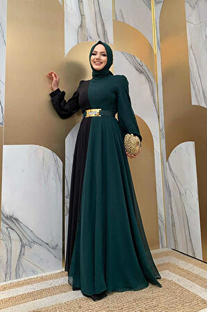 İki Renkli Şifon Bel Kemer Aksesuarlı Abiye Elbise 3806 Zümrüt