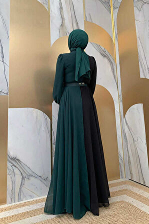 İki Renkli Şifon Bel Kemer Aksesuarlı Abiye Elbise 3806 Zümrüt