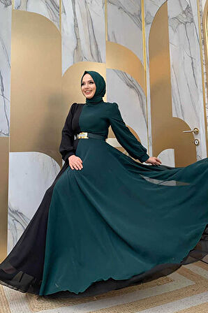 İki Renkli Şifon Bel Kemer Aksesuarlı Abiye Elbise 3806 Zümrüt