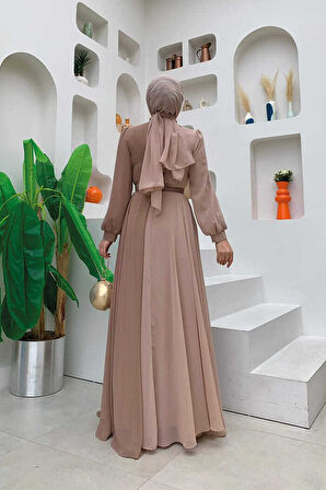 İki Renkli Şifon Bel Kemer Aksesuarlı Abiye Elbise 3806 Vizon