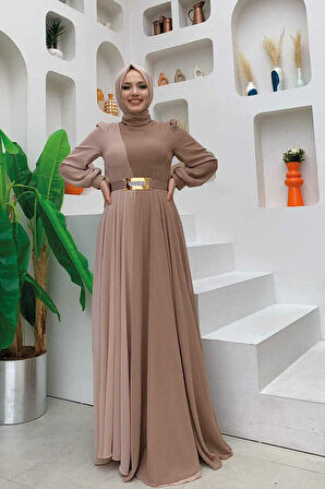 İki Renkli Şifon Bel Kemer Aksesuarlı Abiye Elbise 3806 Vizon