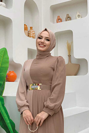 İki Renkli Şifon Bel Kemer Aksesuarlı Abiye Elbise 3806 Vizon