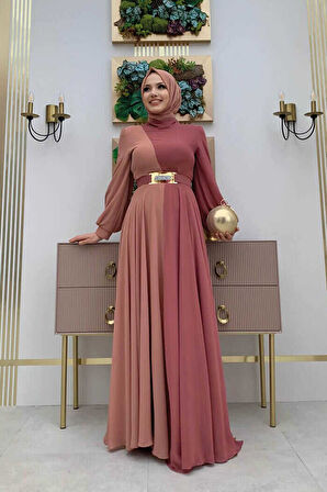 İki Renkli Şifon Bel Kemer Aksesuarlı Abiye Elbise 3806 Gül Kurusu