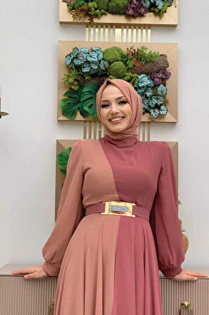 İki Renkli Şifon Bel Kemer Aksesuarlı Abiye Elbise 3806 Gül Kurusu