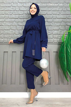 Püskül Detaylı Tunikli Pantolon İkili Takım 8424 Lacivert