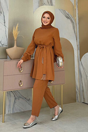Püskül Detaylı Tunikli Pantolon İkili Takım 8424 Taba