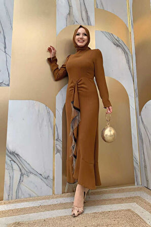 Ön Zincir Püskül Detay Balık Model Abiye Elbise 3810 Taba