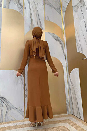 Ön Zincir Püskül Detay Balık Model Abiye Elbise 3810 Taba